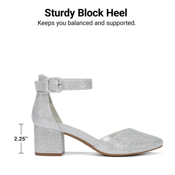Annee Pointed Toe Low Chunky Heels Pump Shoes - SILVER GLITTER - 3