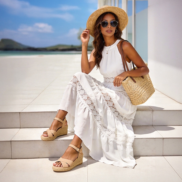 Espadrille Criss Cross Wedge Sandals - NUDE-NUBUCK - 1