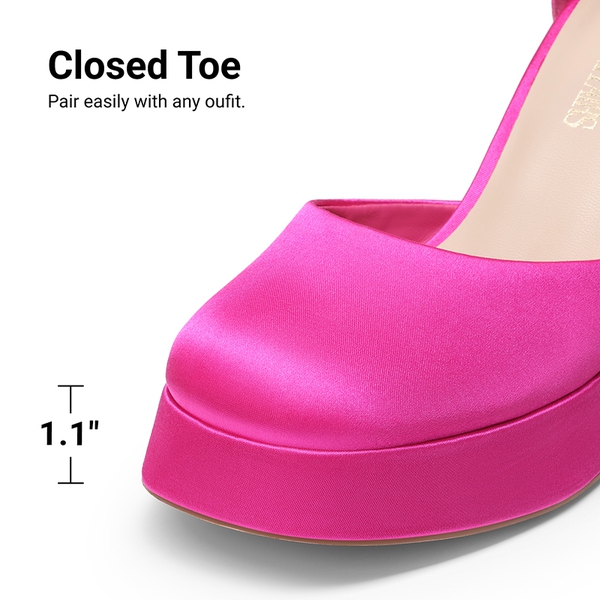 Platform Ankle Strap Chunky Pumps - HOT PINK-SATIN - 3