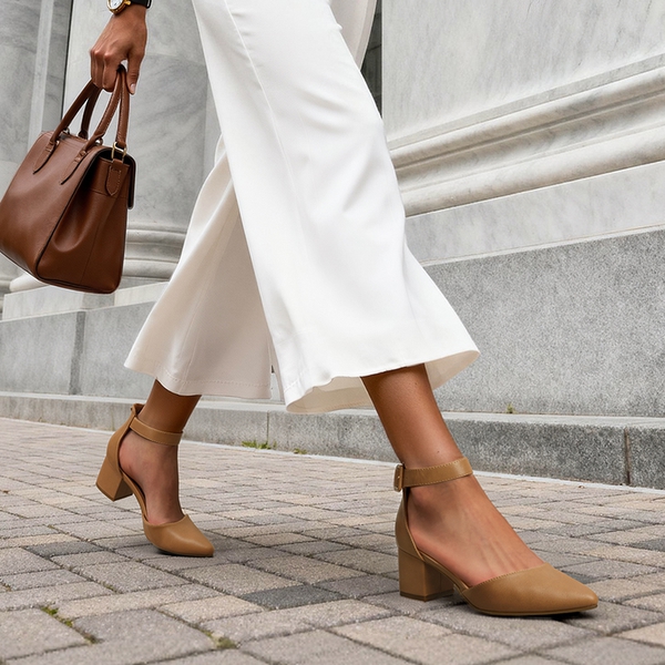 Annee Pointed Toe Low Chunky Heels Pump Shoes - NUDE PU - 2