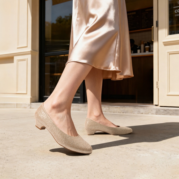 Low Heel Chunky Pump Shoes - GOLD GLITTER - 2