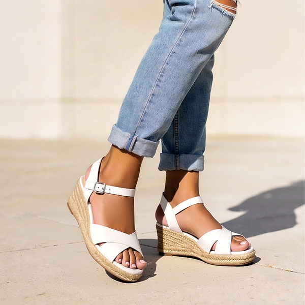 Espadrille Criss Cross Wedge Sandals - WHITE-PU - 2
