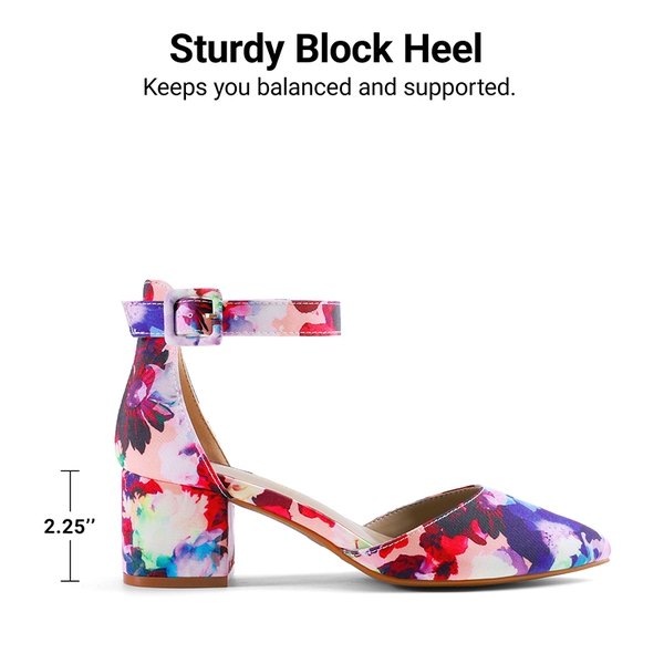 Annee Pointed Toe Low Chunky Heels Pump Shoes - FLORAL - 3