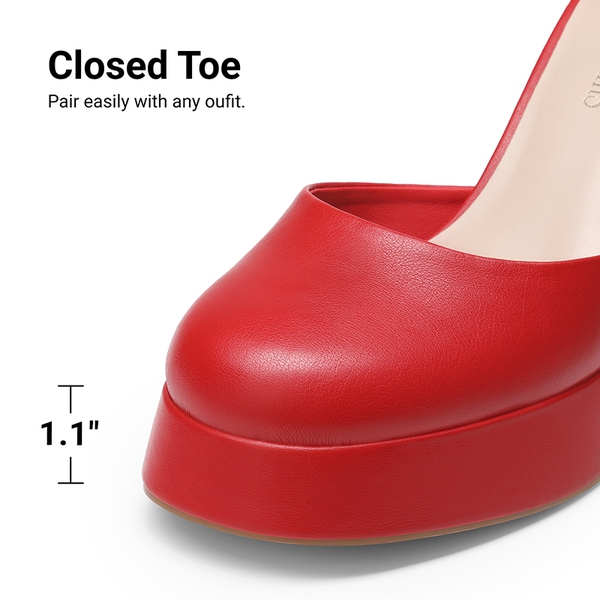 Platform Ankle Strap Chunky Pumps - RED-PU - 3