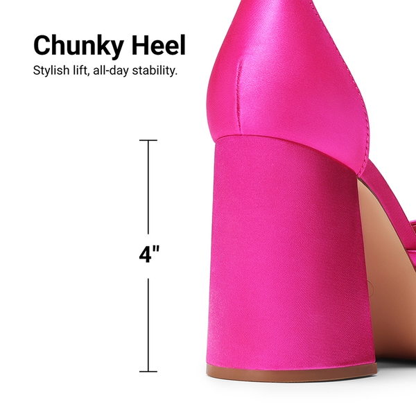 Platform Ankle Strap Chunky Pumps - HOT PINK-SATIN - 4
