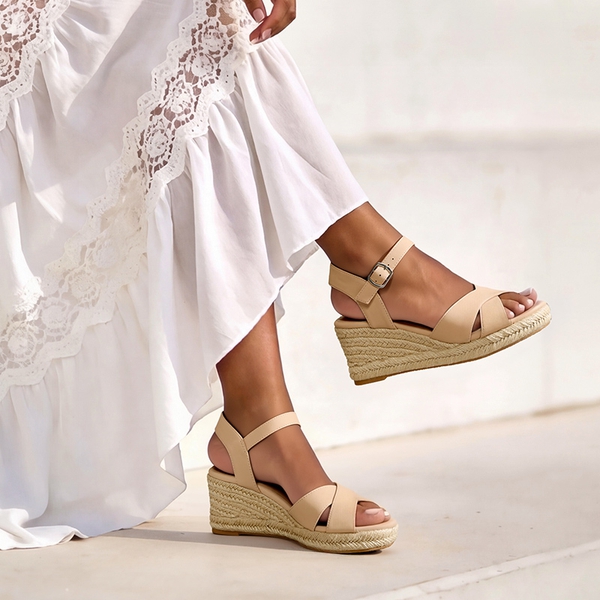 Espadrille Criss Cross Wedge Sandals - NUDE-NUBUCK - 2