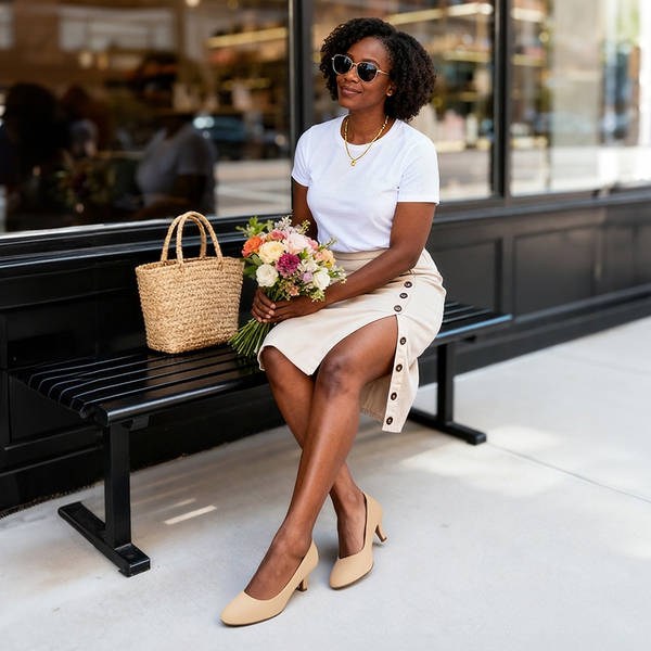 Comfy Round Toe Low Heel Pumps - NUDE NUBUCK - 1