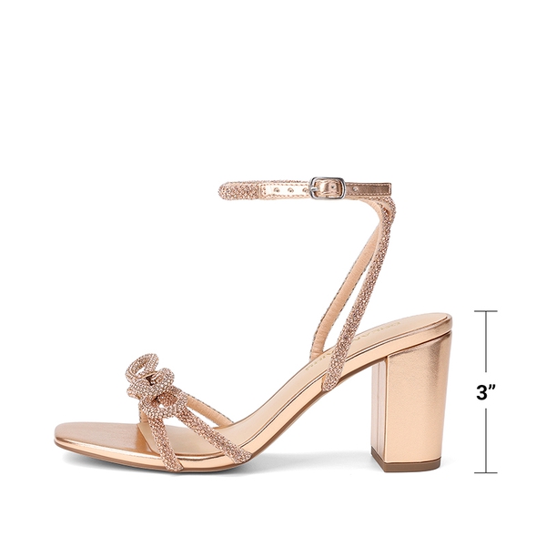 Women's Rhinestone Bow Block Heel Sandals - CHAMPAGNE - 3