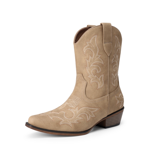 Women's Embroidered Cowboy Ankle Boots - CAMEL -  0