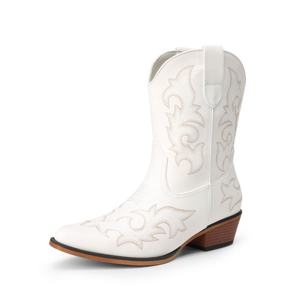 Women's Embroidered Cowboy Ankle Boots - WHITE -  0