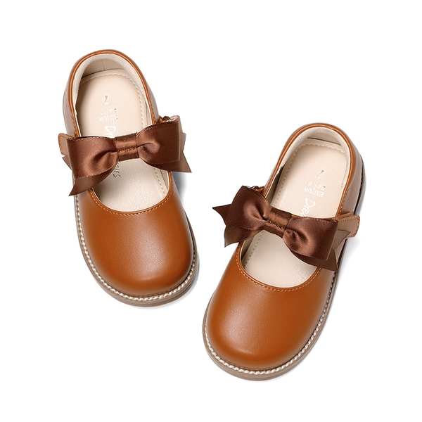 Girl's Mary Jane Dress Shoes with Removable Bow - BROWN - 2
