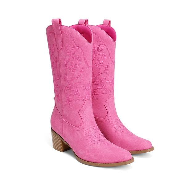 Women's Western Embroidered Cowboy Boots - PINK - 4