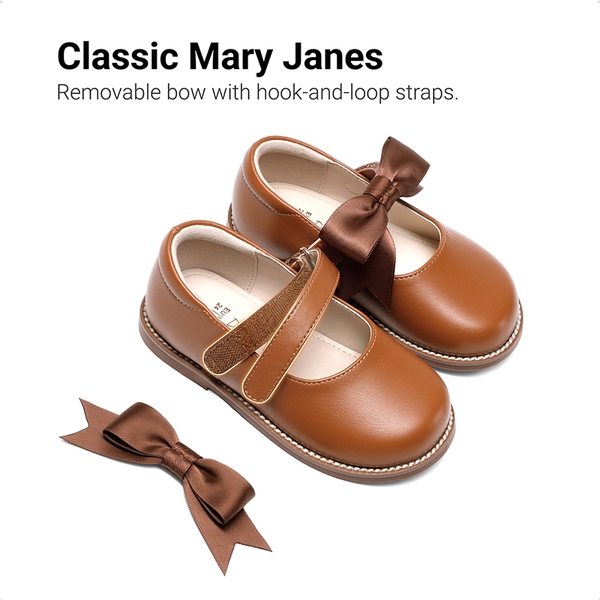 Girl's Mary Jane Dress Shoes with Removable Bow - BROWN - 6