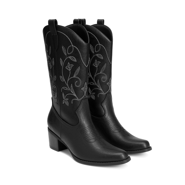 Women's Western Embroidered Cowboy Boots - BLACK - 4