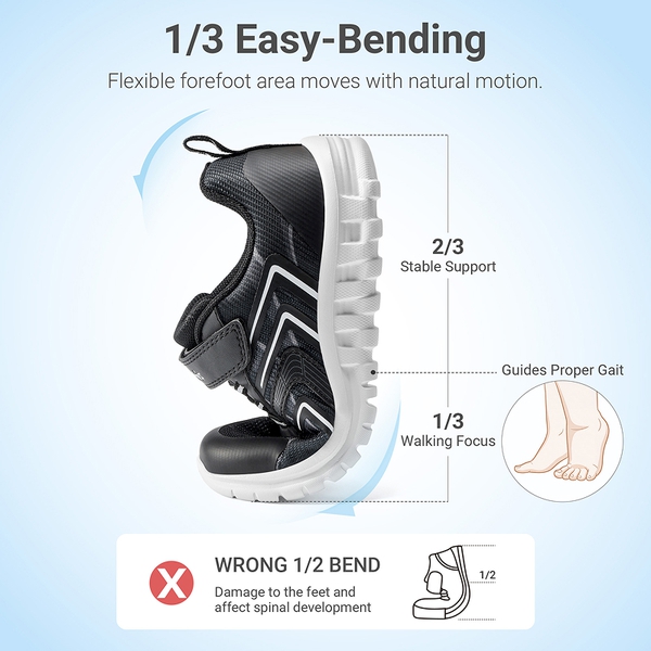 Kids’ Lightweight Mesh Running Shoes with Hook-and-Loop Strap - BLACK - 3