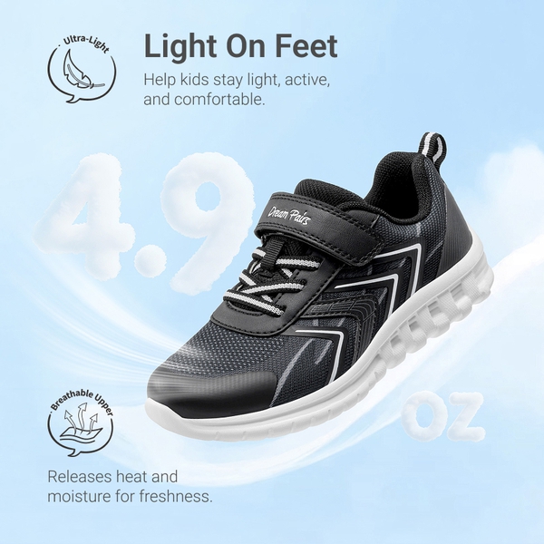 Kids’ Lightweight Mesh Running Shoes with Hook-and-Loop Strap - BLACK - 2