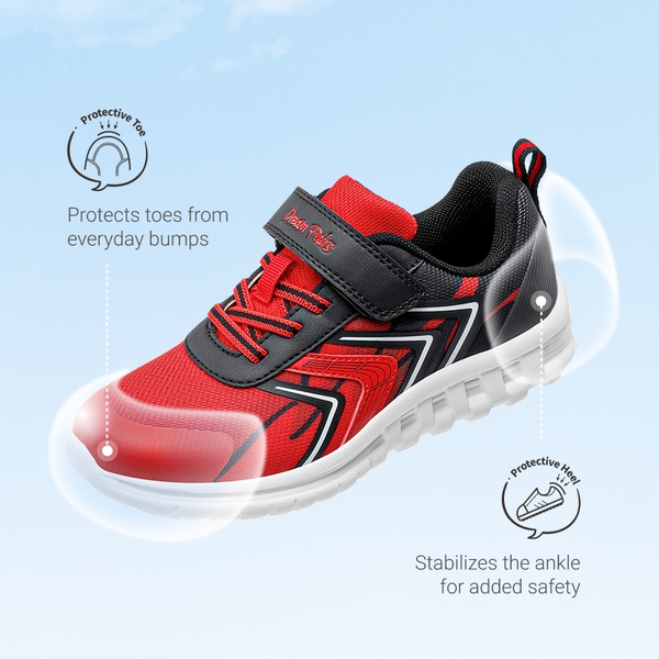 Kids’ Lightweight Mesh Running Shoes with Hook-and-Loop Strap - RED/BLACK - 4