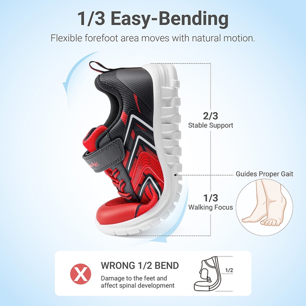 Kids’ Lightweight Mesh Running Shoes with Hook-and-Loop Strap - RED/BLACK - 3