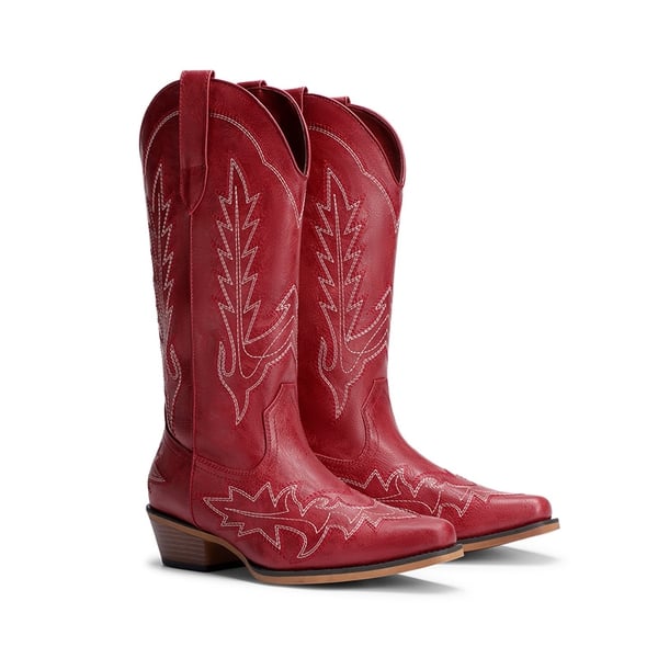 Women's Feather Embroidered Cowboy Boots - RED - 4