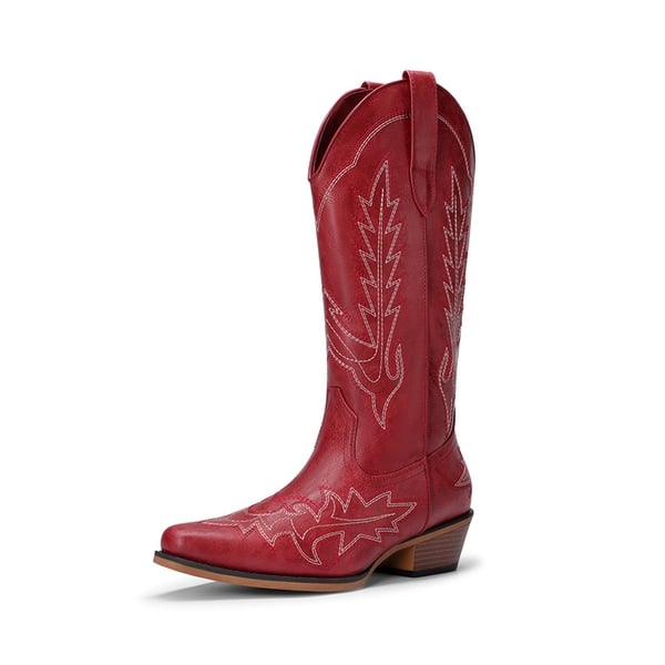 Women's Feather Embroidered Cowboy Boots - RED -  0