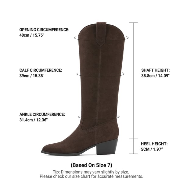 Women's Pointed Toe Suede Knee-High Cowboy Boots - DARK BROWN - 3