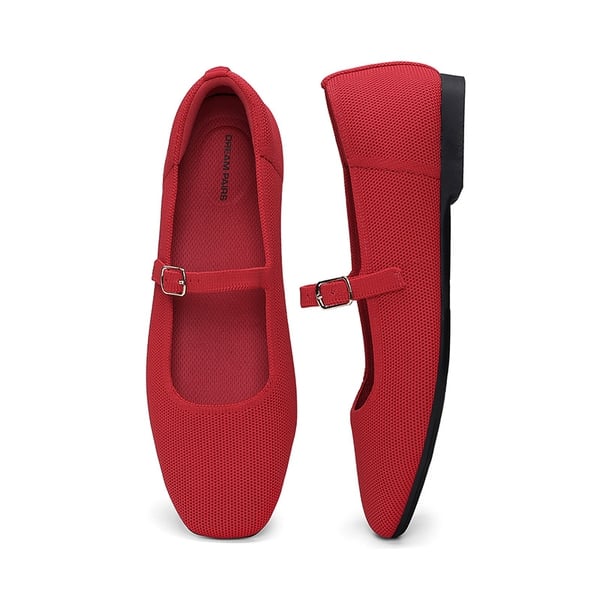 Ascenelle Women's Mary Jane Flats with Buckle Strap Knit Edition - RED -  0