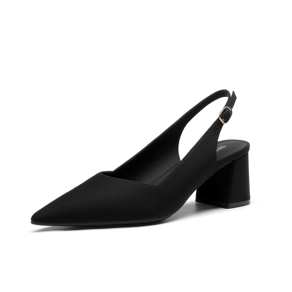 Women's Pointed Toe Slingback Block Heel Pumps - BLACK-SUEDE -  0