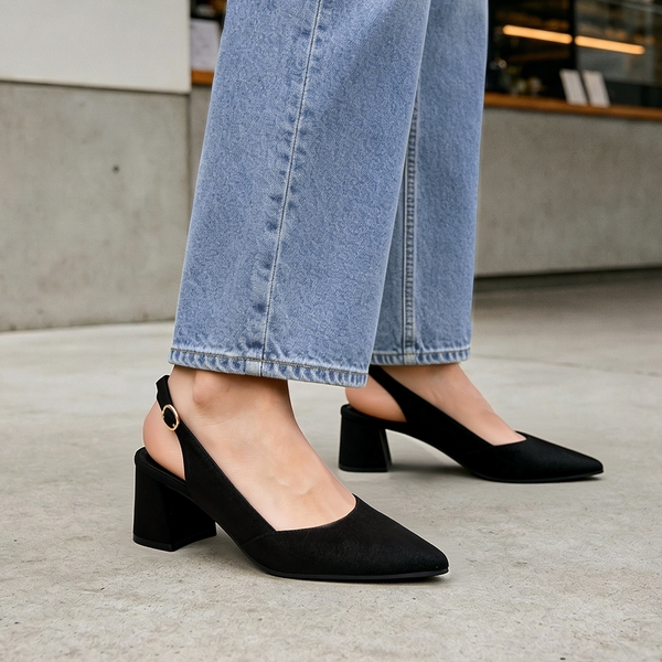 Women's Pointed Toe Slingback Block Heel Pumps - BLACK-SUEDE - 2