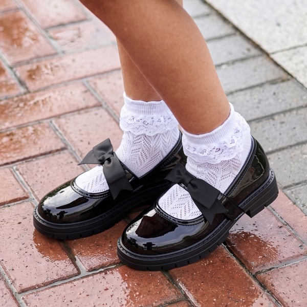 Girls' Mary Jane Bowknot Shoes with Hook-And-Loop Strap - ALL BLACK - 2