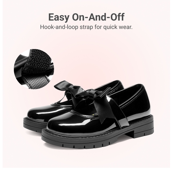 Girls' Mary Jane Bowknot Shoes with Hook-And-Loop Strap - ALL BLACK - 6