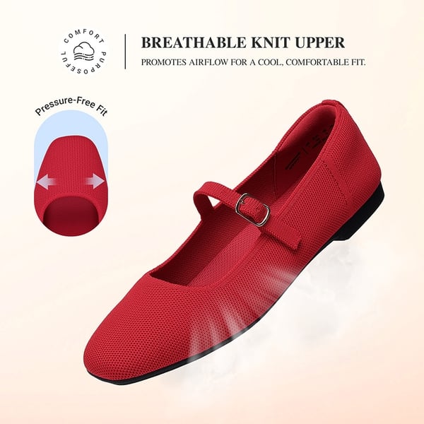 Ascenelle Women's Mary Jane Flats with Buckle Strap Knit Edition - RED - 3