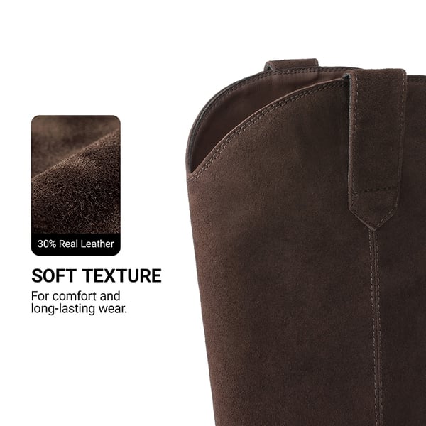 Women's Pointed Toe Suede Knee-High Cowboy Boots - DARK BROWN - 6