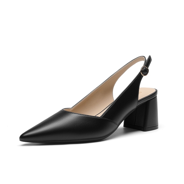 Women's Pointed Toe Slingback Block Heel Pumps - BLACK-PU -  0