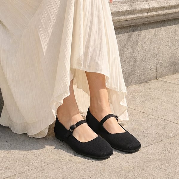 Ascenelle Women's Mary Jane Flats with Buckle Strap Knit Edition - BLACK - 2