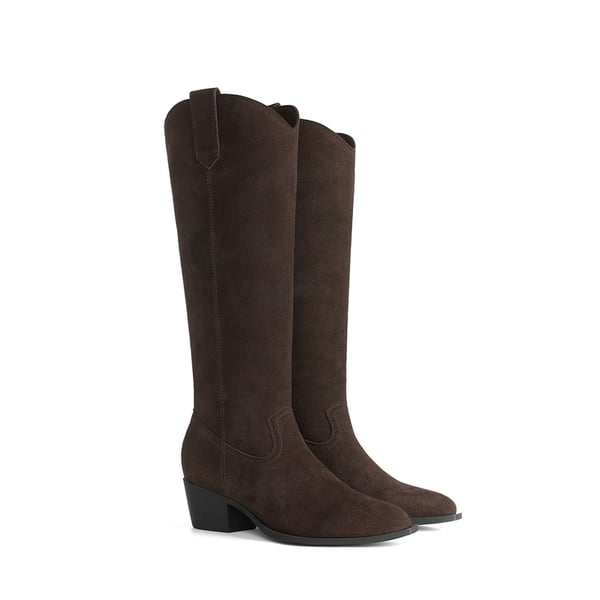 Women's Pointed Toe Suede Knee-High Cowboy Boots - DARK BROWN - 4