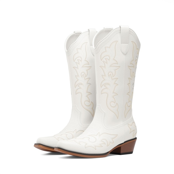 Women's Western Style Embroidered Cowboy Boots - WHITE - 4