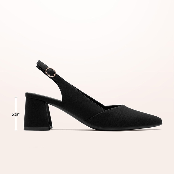 Women's Pointed Toe Slingback Block Heel Pumps - BLACK-SUEDE - 3