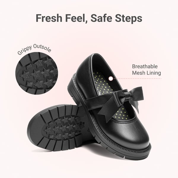 Girls' Mary Jane Bowknot Shoes with Hook-And-Loop Strap - BLACK - 4