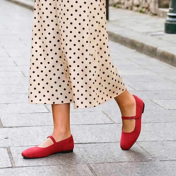 Ascenelle Women's Mary Jane Flats with Buckle Strap Knit Edition - RED - 2