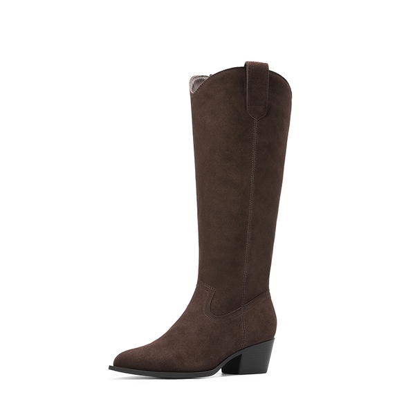 Women's Pointed Toe Suede Knee-High Cowboy Boots - DARK BROWN -  0