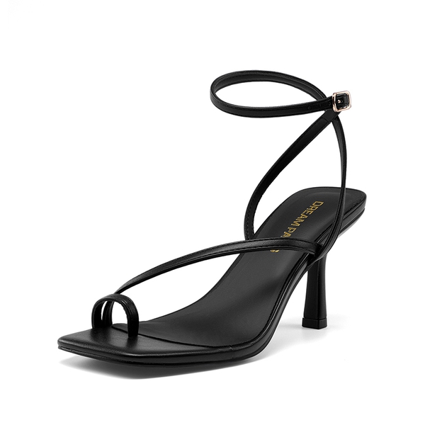 Women's Square-Toe Thong Kitten Heel Sandals - BLACK -  0