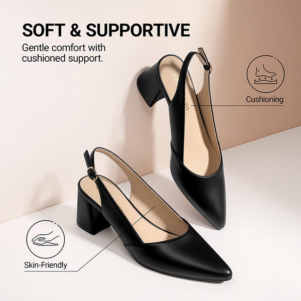 Women's Pointed Toe Slingback Block Heel Pumps - BLACK-PU - 4