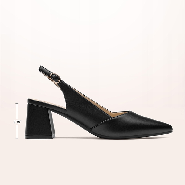 Women's Pointed Toe Slingback Block Heel Pumps - BLACK-PU - 3