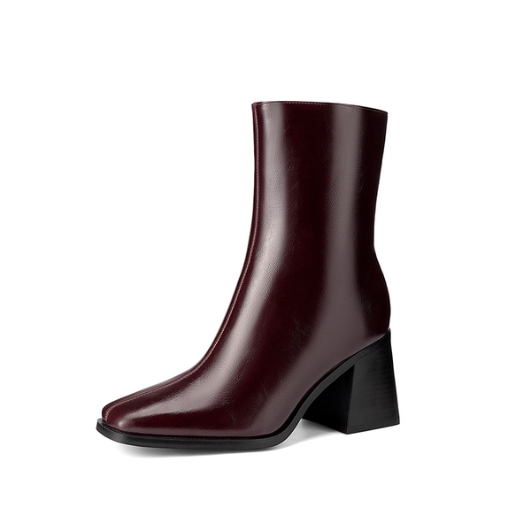 Women's Square Toe Chunky Heel Ankle Boots - BURGUNDY -  0