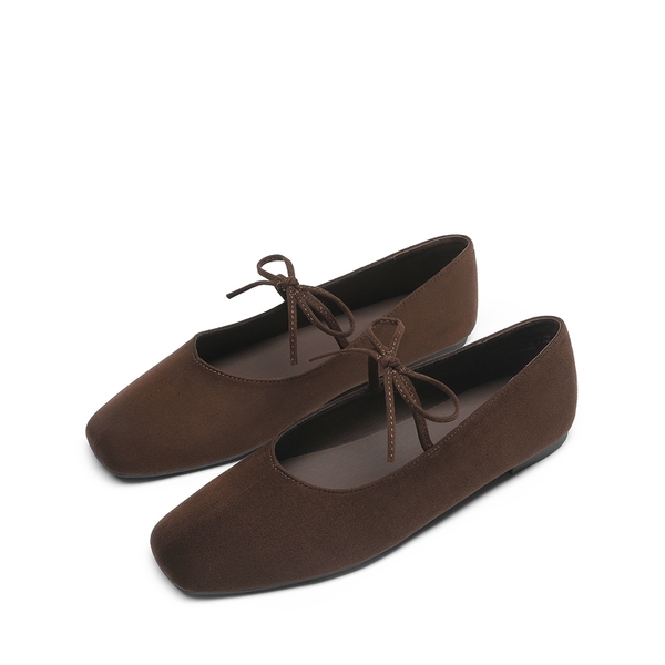 Women's Square Toe Ballet Flats with Elastic Strap & Bow - BROWN -  0