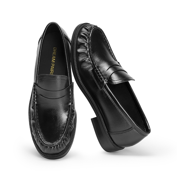 Women's Comfortable Penny Loafers with Pleated Detail - ALL BLACK - 4