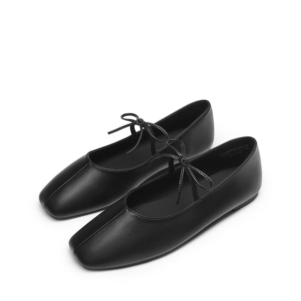 Women's Square Toe Ballet Flats with Elastic Strap & Bow - ALL BLACK -  0