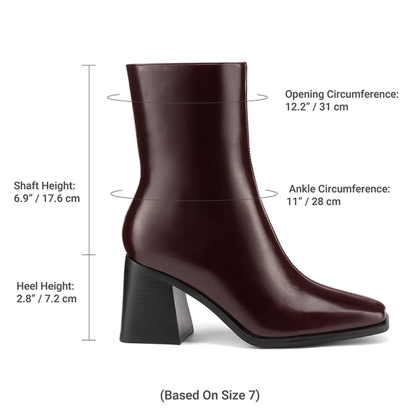 Women's Square Toe Chunky Heel Ankle Boots - BURGUNDY - 4