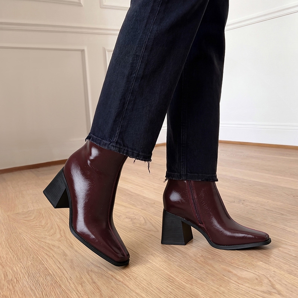 Women's Square Toe Chunky Heel Ankle Boots - BURGUNDY - 2
