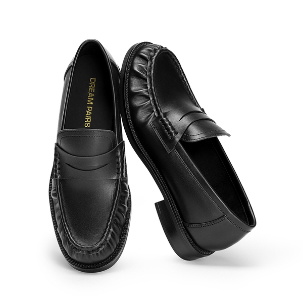 Women's Comfortable Penny Loafers with Pleated Detail - BLACK - 4